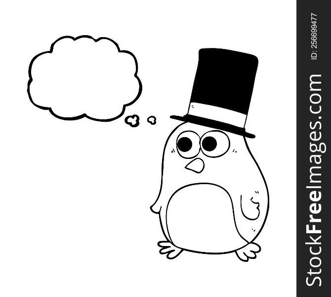 freehand drawn thought bubble cartoon bird wearing top hat