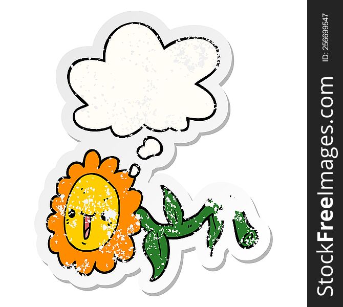 Cartoon Flower And Thought Bubble As A Distressed Worn Sticker