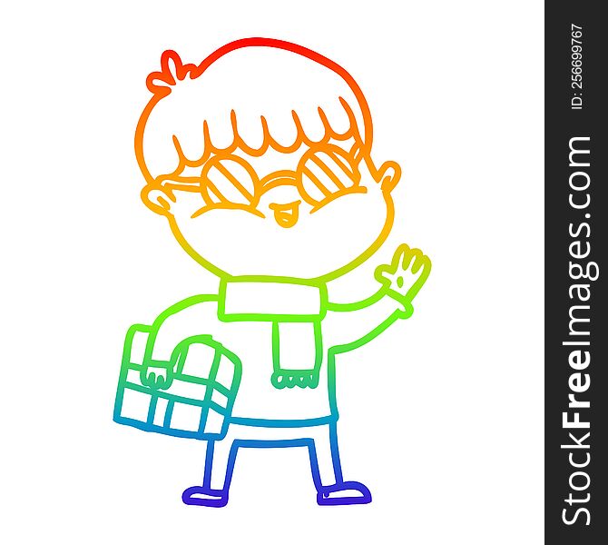 Rainbow Gradient Line Drawing Cartoon Boy Wearing Spectacles Carrying Gift