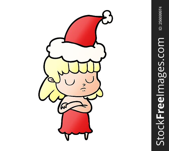 hand drawn gradient cartoon of a indifferent woman wearing santa hat
