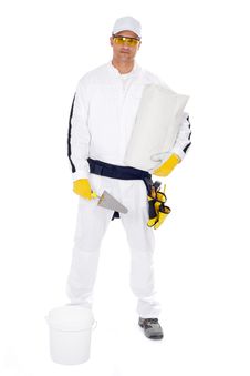 Worker In Overalls Bucket Trowel Package Royalty Free Stock Photo Worker In Overalls Bucket Trowel Package Royalty Free Stock Photo