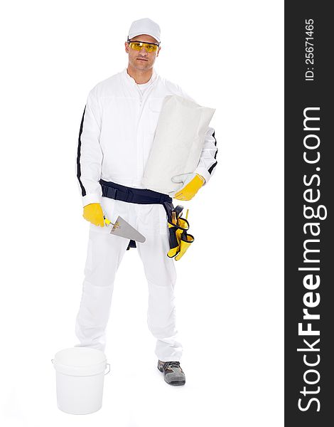 Worker in white overalls holding a bucket trowel tools package on a white background. Worker in white overalls holding a bucket trowel tools package on a white background