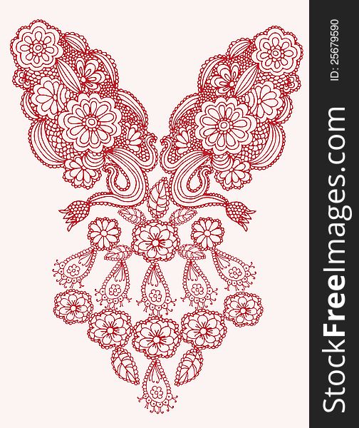 Neckline embroidery fashion- red elements on light red background