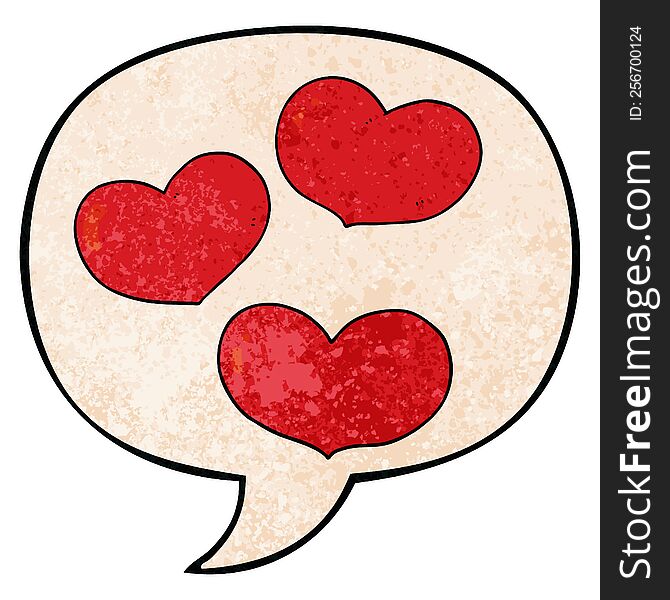 cartoon love hearts with speech bubble in retro texture style