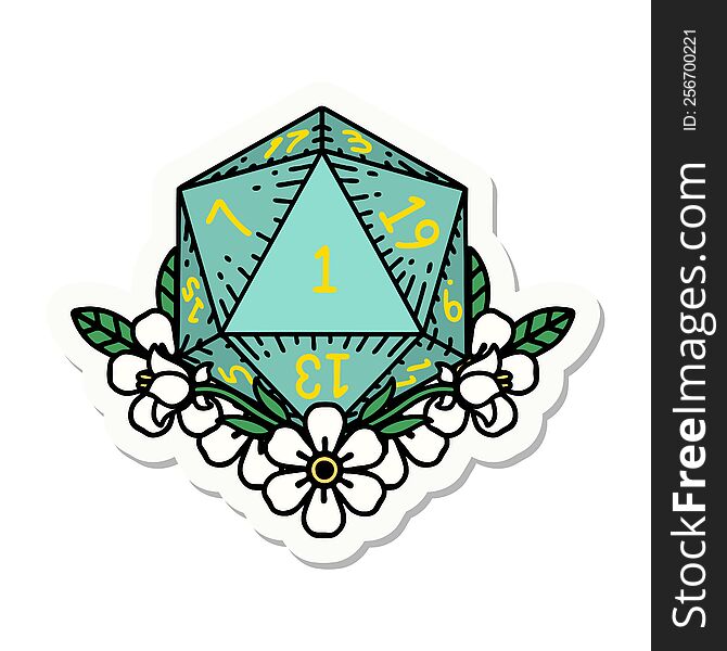 sticker of a natural one dice roll with floral elements. sticker of a natural one dice roll with floral elements