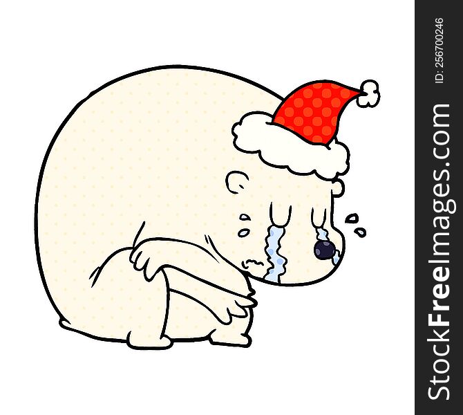 crying hand drawn comic book style illustration of a polar bear wearing santa hat