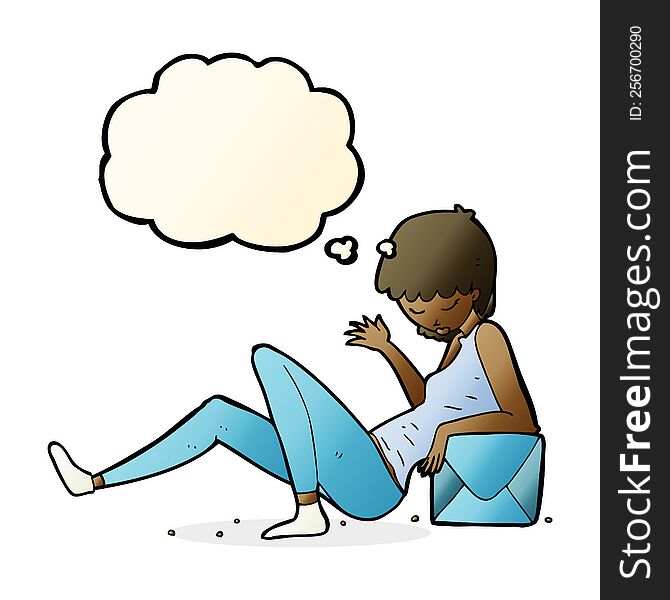 Cartoon Woman Leaning On Package Box With Thought Bubble