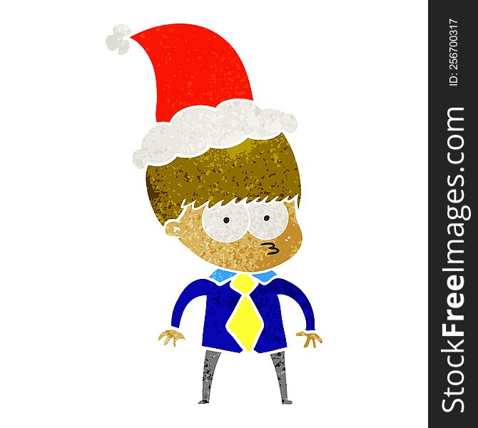 nervous hand drawn retro cartoon of a boy wearing shirt and tie wearing santa hat
