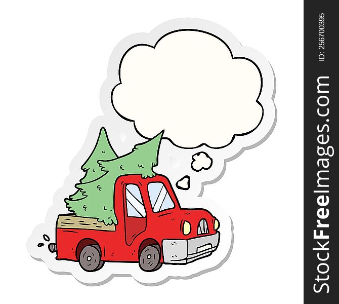 cartoon pickup truck carrying trees with thought bubble as a printed sticker