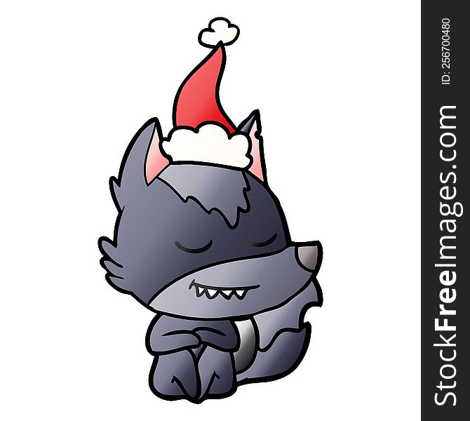 friendly hand drawn gradient cartoon of a wolf sitting wearing santa hat. friendly hand drawn gradient cartoon of a wolf sitting wearing santa hat