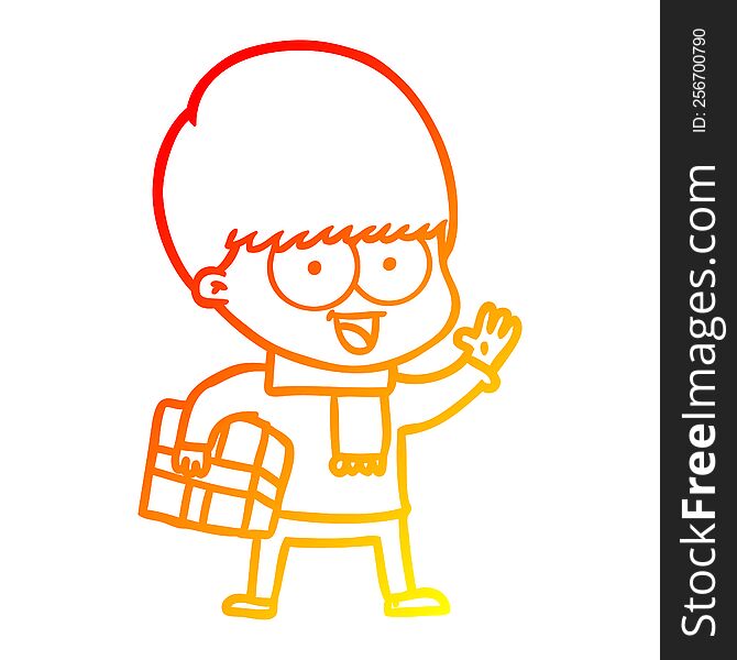 Warm Gradient Line Drawing Happy Cartoon Boy With Present
