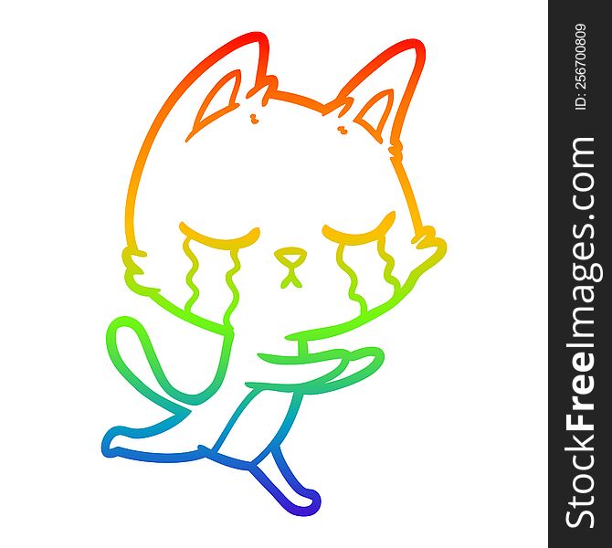 Rainbow Gradient Line Drawing Crying Cartoon Cat Running