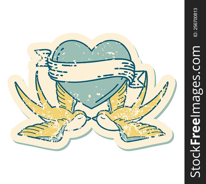 Distressed Sticker Tattoo Style Icon Of A Swallows And A Heart With Banner