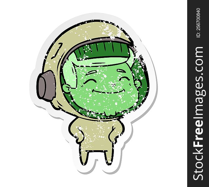 distressed sticker of a happy cartoon astronaut