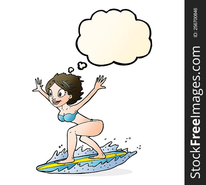 cartoon surfer girl with thought bubble