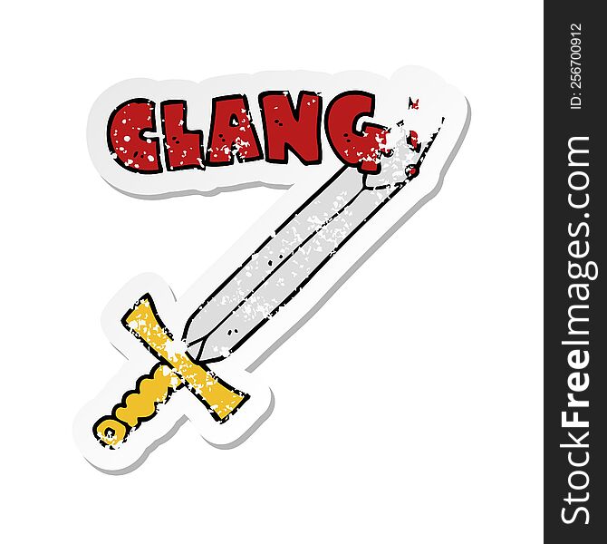 distressed sticker of a cartoon clanging sword