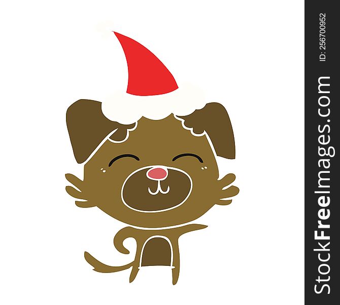 hand drawn flat color illustration of a dog pointing wearing santa hat