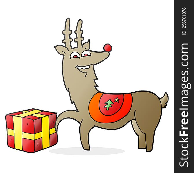 freehand drawn cartoon christmas reindeer with present