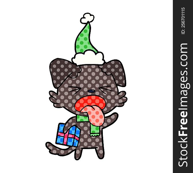 hand drawn comic book style illustration of a disgusted dog with christmas gift wearing santa hat