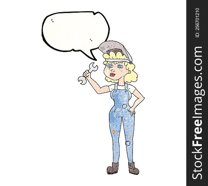 freehand speech bubble textured cartoon woman with spanner
