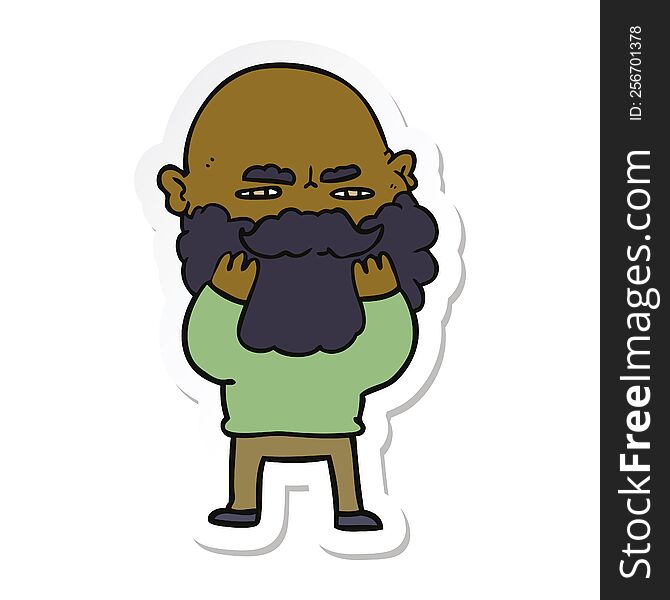 sticker of a cartoon man with beard frowning checking his beard