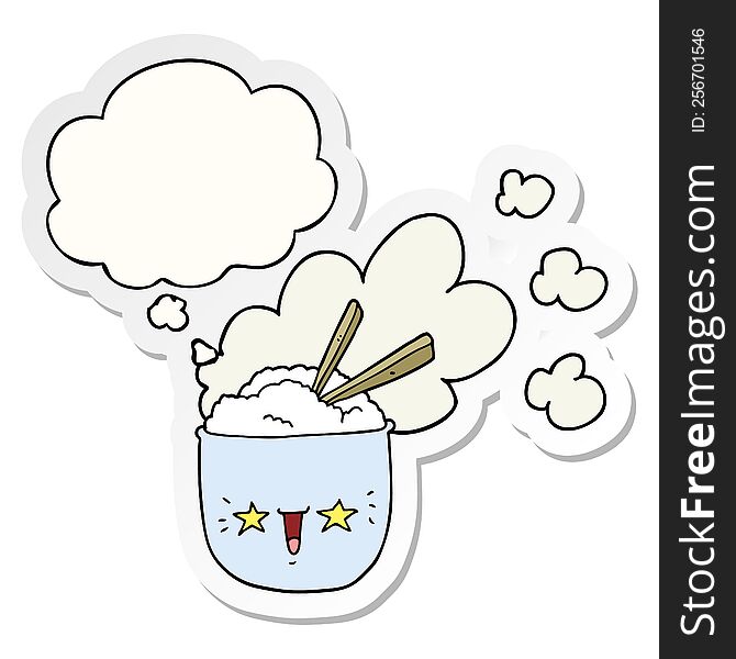 cute cartoon hot rice bowl with thought bubble as a printed sticker