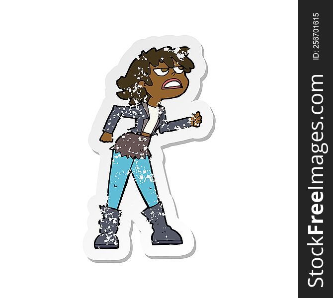 Retro Distressed Sticker Of A Cartoon Angry Biker Girl