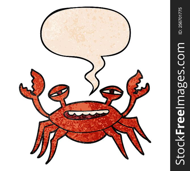 cartoon crab with speech bubble in retro texture style