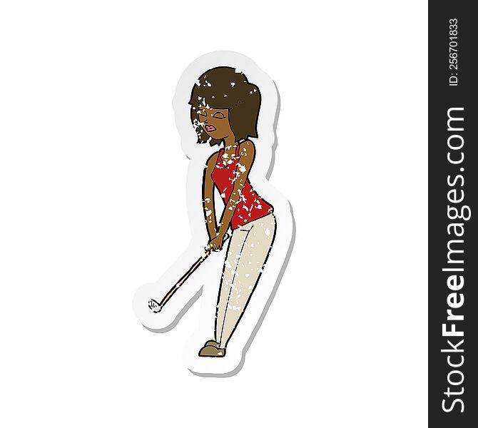 retro distressed sticker of a cartoon woman playing golf