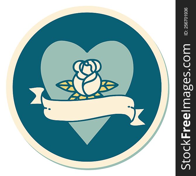 sticker of tattoo in traditional style of a heart rose and banner. sticker of tattoo in traditional style of a heart rose and banner