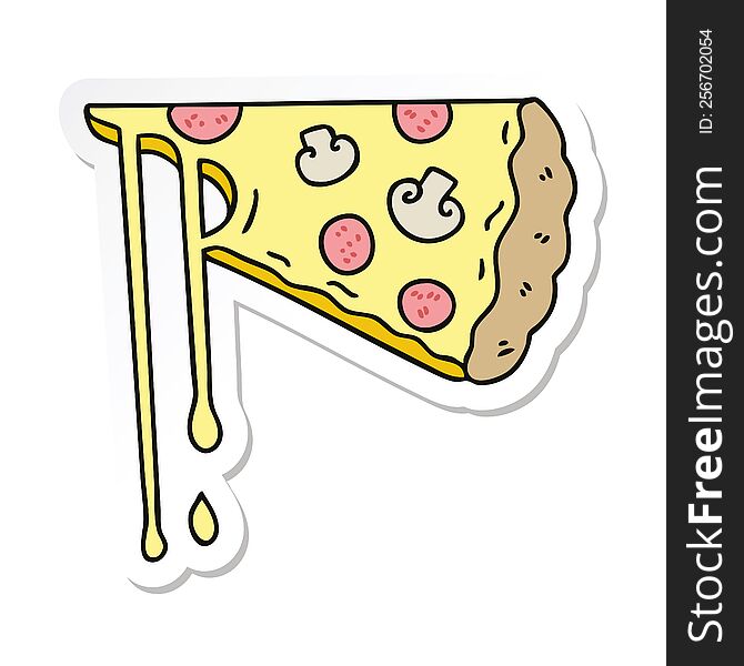 Sticker Of A Quirky Hand Drawn Cartoon Cheesy Pizza