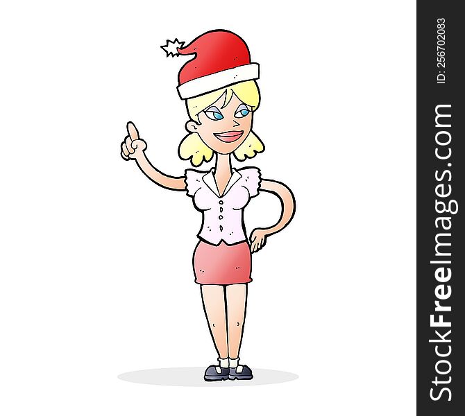 Cartoon woman Christmas hat with idea. Cartoon woman Christmas hat with idea