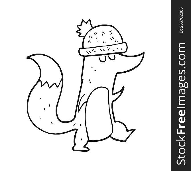 freehand drawn black and white cartoon little wolf wearing hat