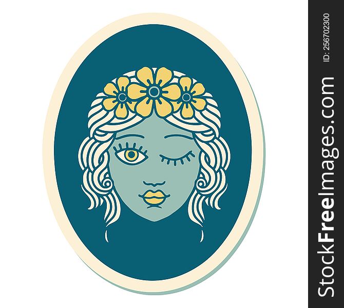 Tattoo Style Sticker Of A Maiden With Crown Of Flowers Winking