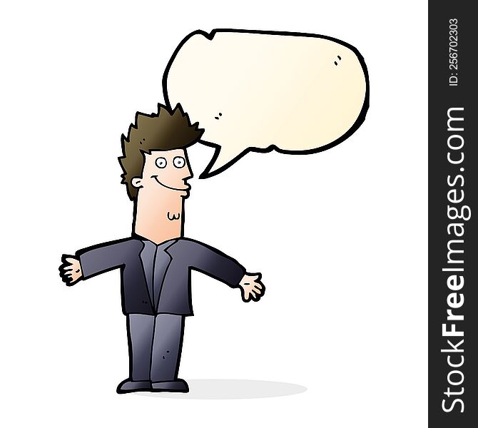 Cartoon Happy Man With Open Arms With Speech Bubble