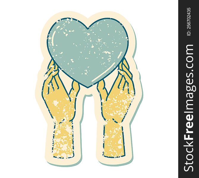 iconic distressed sticker tattoo style image of hands reaching for a heart. iconic distressed sticker tattoo style image of hands reaching for a heart