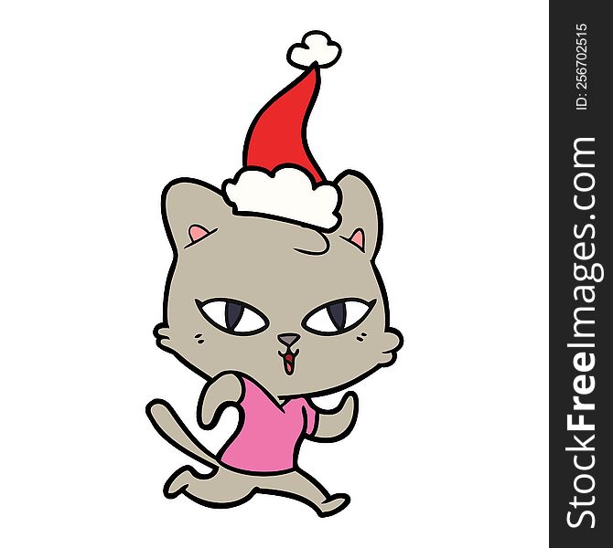 Line Drawing Of A Cat Out For A Run Wearing Santa Hat