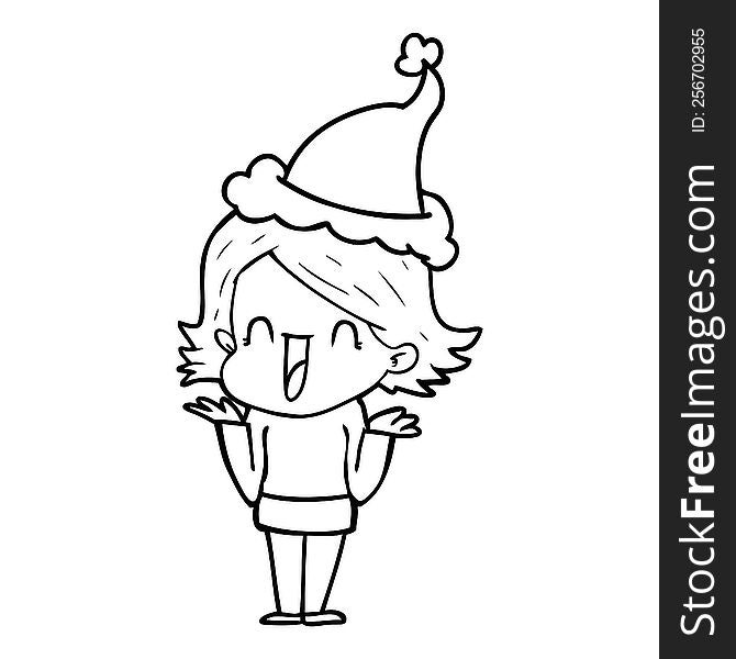 Line Drawing Of A Happy Woman Wearing Santa Hat