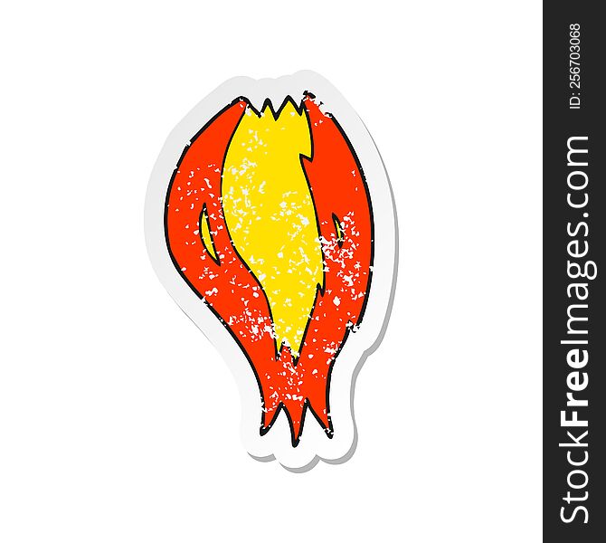 retro distressed sticker of a cartoon rocket ship flames