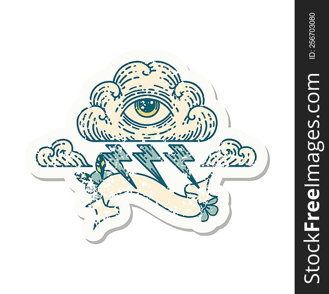 grunge sticker with banner of an all seeing eye cloud