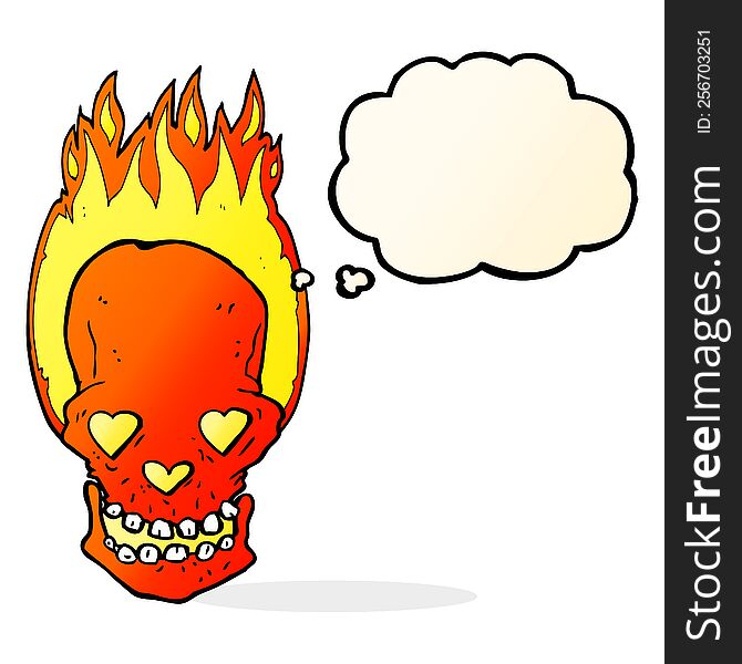 cartoon flaming skull with love heart eyes with thought bubble