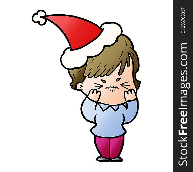 hand drawn gradient cartoon of a frustrated woman wearing santa hat