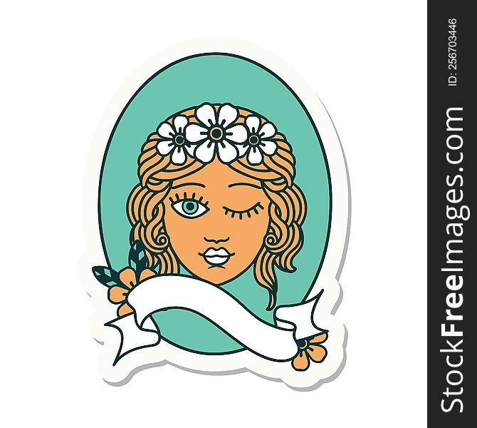 tattoo style sticker with banner of a maiden with crown of flowers winking