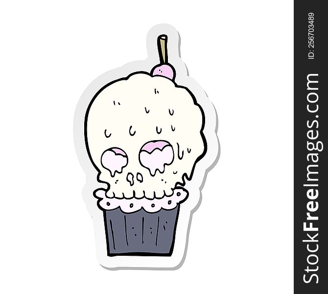 sticker of a cartoon spooky skull cupcake