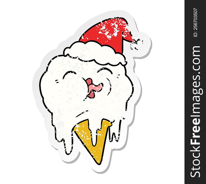 Distressed Sticker Cartoon Of A Melting Ice Cream Wearing Santa Hat