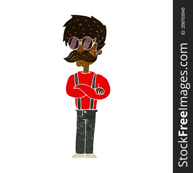 cartoon hipster man with mustache and spectacles