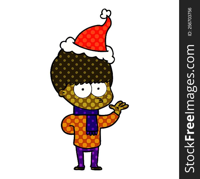 nervous hand drawn comic book style illustration of a boy wearing santa hat