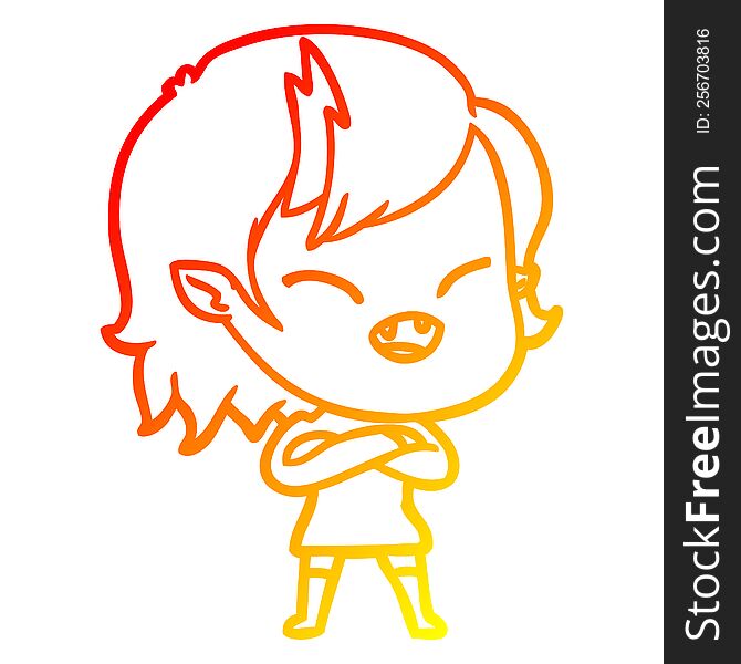 warm gradient line drawing of a cartoon laughing vampire girl with crossed arms