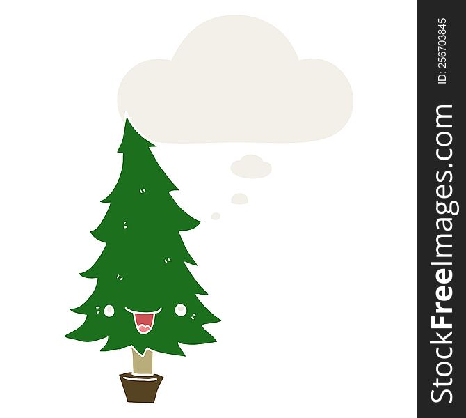 cute cartoon christmas tree with thought bubble in retro style