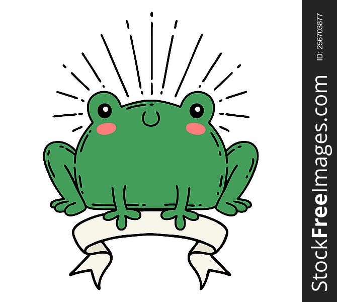 scroll banner with tattoo style happy frog